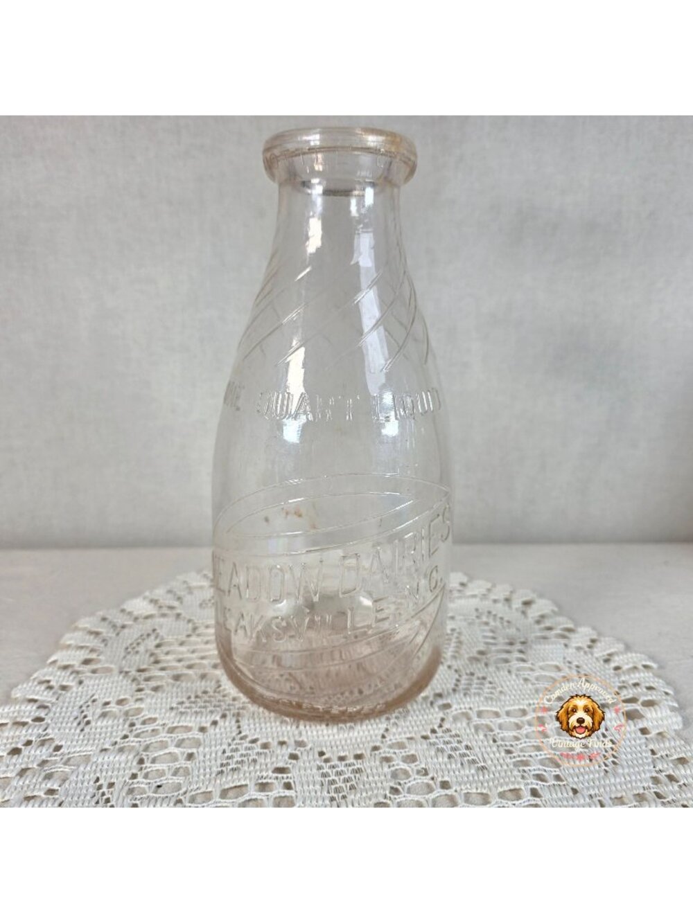 Vintage Embossed Milk Bottle Meadow Dairies Leaksville, NC Quart Glass Farmhouse